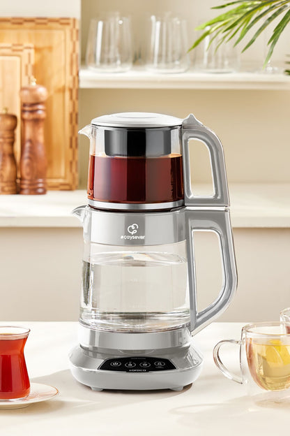 Çaysever 3 In 1 Konuşan Cam Çay Makinesi Su Isıtıcı Ve Mama Suyu Hazırlama 1700w Chrome