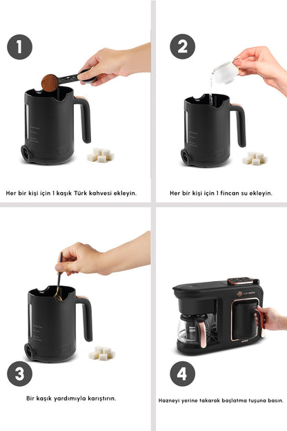 Hatır Plus Barista 6 in 1 Latte Cappucino ve Közde Türk Kahvesi Makinesi Black Copper