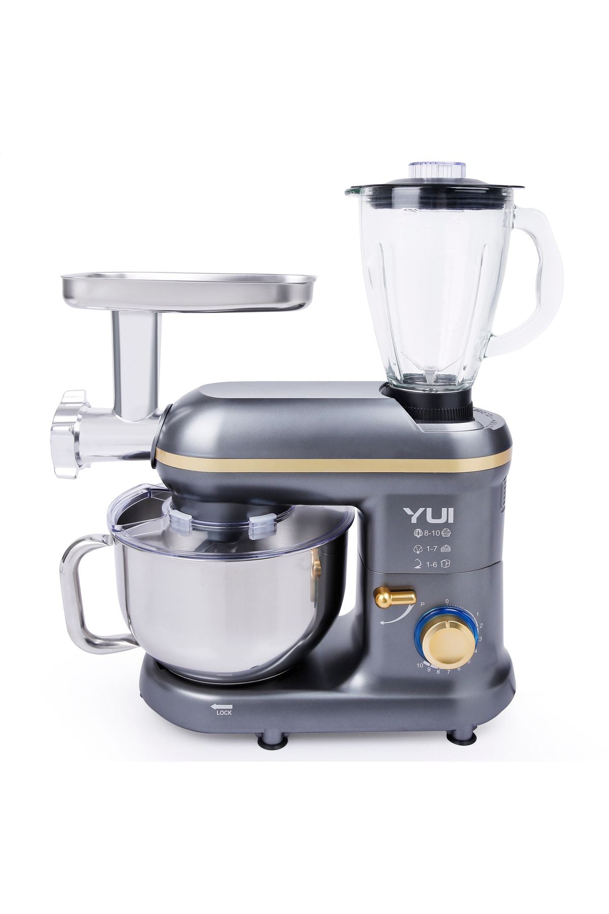 M120 Multi-fonksiyonel 3'ü Bir Arada Stand Mikser Kıyma Setli Ve Blender Özellikli Koyu Gri/Gold