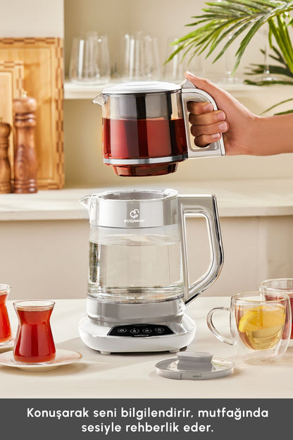 Çaysever 3 In 1 Konuşan Cam Çay Makinesi Su Isıtıcı Ve Mama Suyu Hazırlama 1700w Chrome