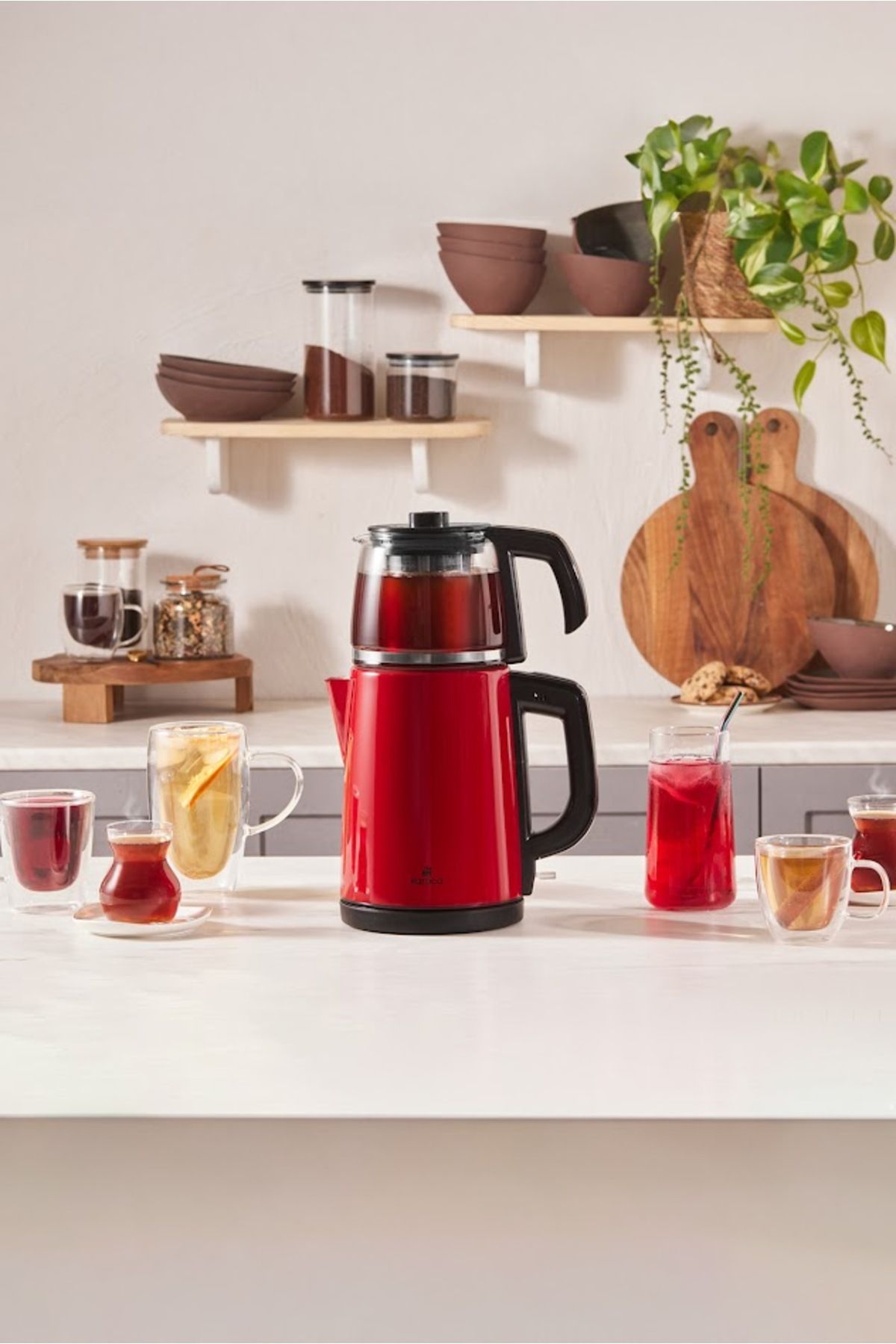 Tea Glass 2 In 1 Çelik Çay Makinesi Ve Kettle Kırmızı