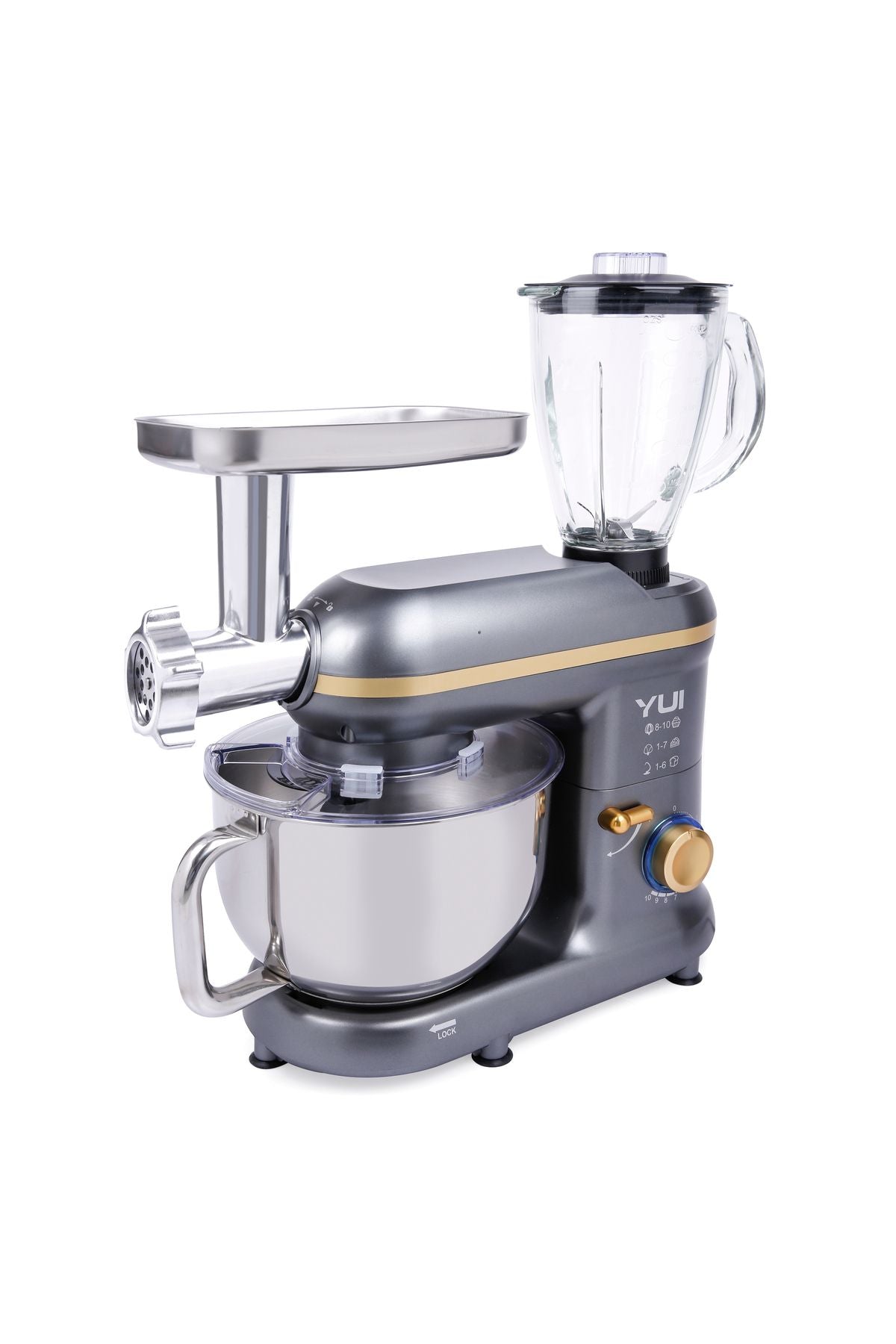 M120 Multi-fonksiyonel 3'ü Bir Arada Stand Mikser Kıyma Setli Ve Blender Özellikli Koyu Gri/Gold