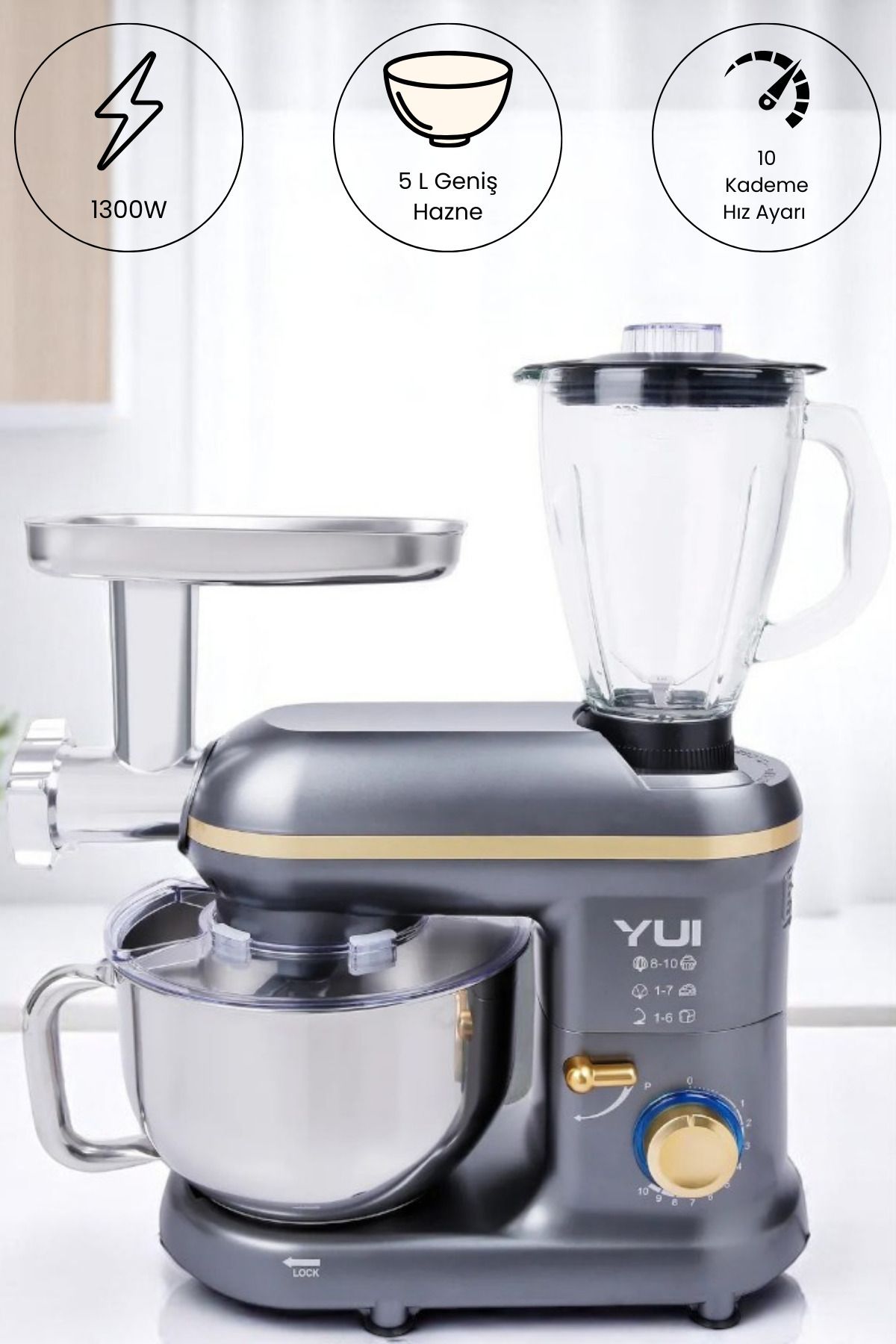 M120 Multi-fonksiyonel 3'ü Bir Arada Stand Mikser Kıyma Setli Ve Blender Özellikli Koyu Gri/Gold