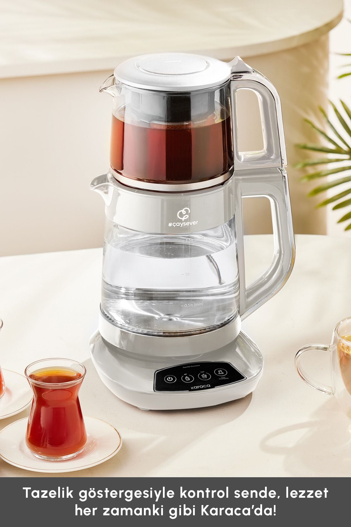 Çaysever 3 In 1 Konuşan Cam Çay Makinesi Su Isıtıcı Ve Mama Suyu Hazırlama 1700w Chrome