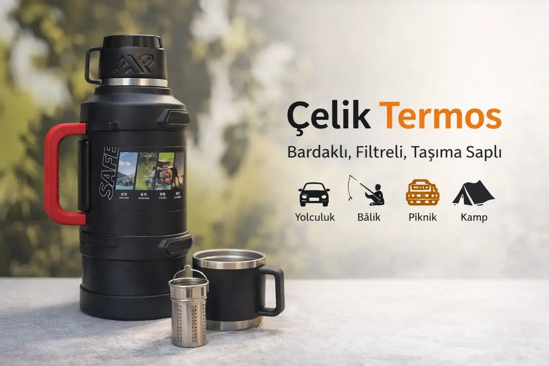 Çelik Termos – Bardaklı, Filtreli, Taşıma Saplı (Outdoor & Günlük Kullanım) 3.2L
